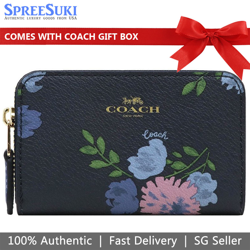 Coach Small Zip Around Coin Case With Painted Peony Print Navy Dark Blue # F73350