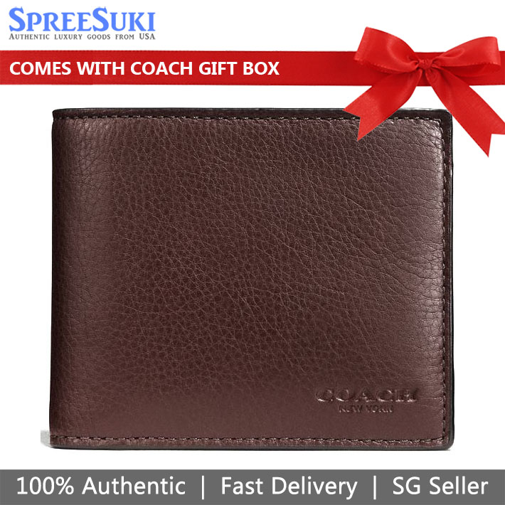 Coach Men Compact Id Wallet In Sport Calf Leather Mahogany # F74991