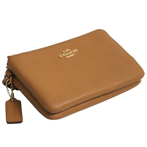 Coach Double Corner Zip Wallet In Polished Pebble Leather Light Saddle Brown # F87590