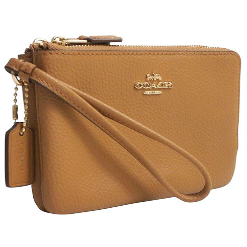 Coach Double Corner Zip Wallet In Polished Pebble Leather Light Saddle Brown # F87590