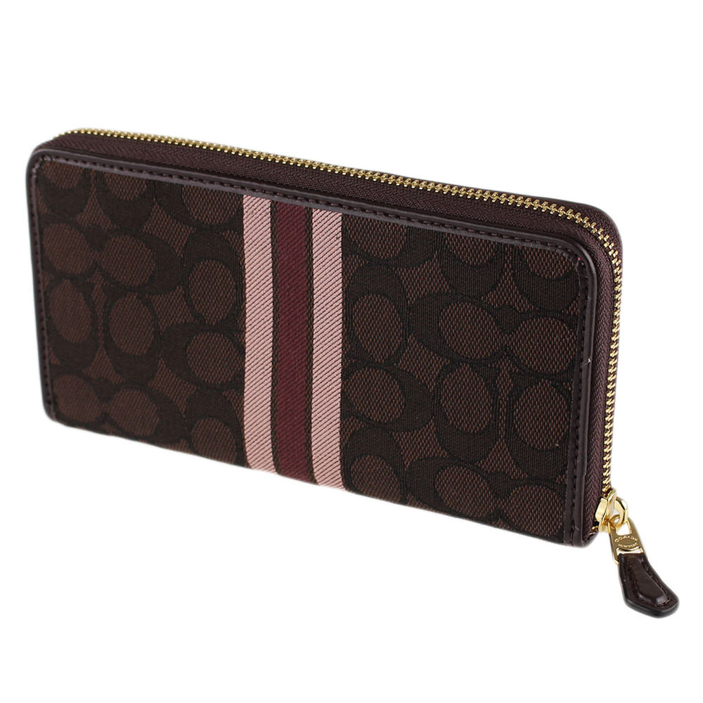 Coach Accordion Zip Wallet In Signature Jacquard With Stripe Brown Pink # F39139