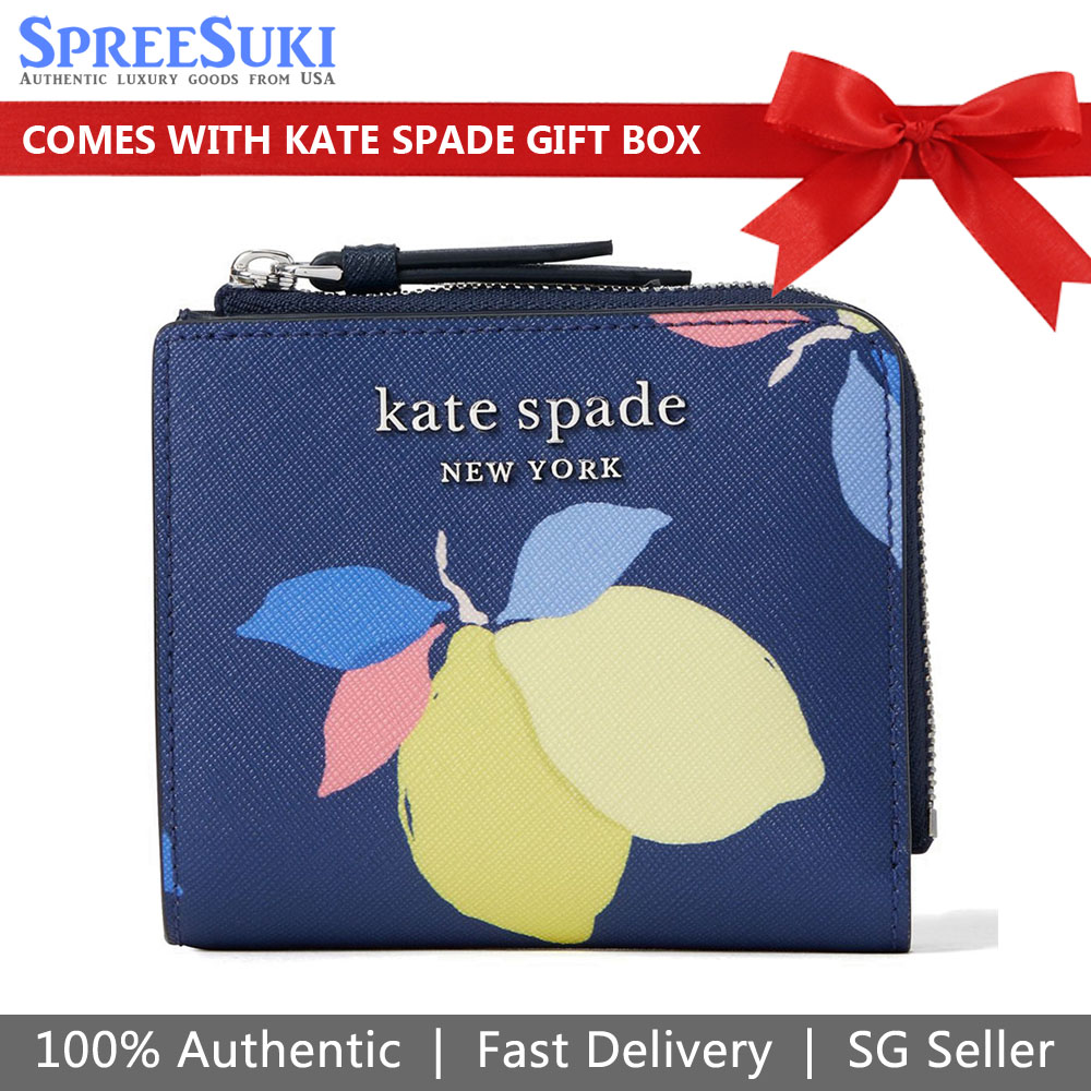 Kate Spade Small L-Zip Bifold Wallet Cameron Lemon Zest Rivrblumbl Blue Yellow # WLRU6246