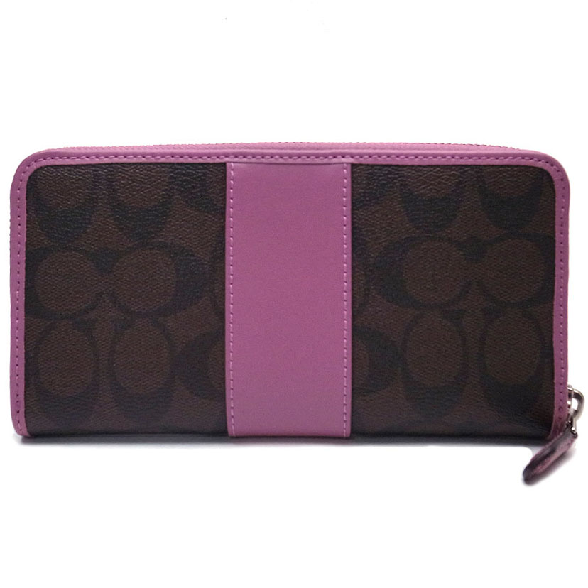 Coach Accordion Zip Wallet In Signature Coated Canvas With Leather Stripe Brown / Azalea Purple # F54630