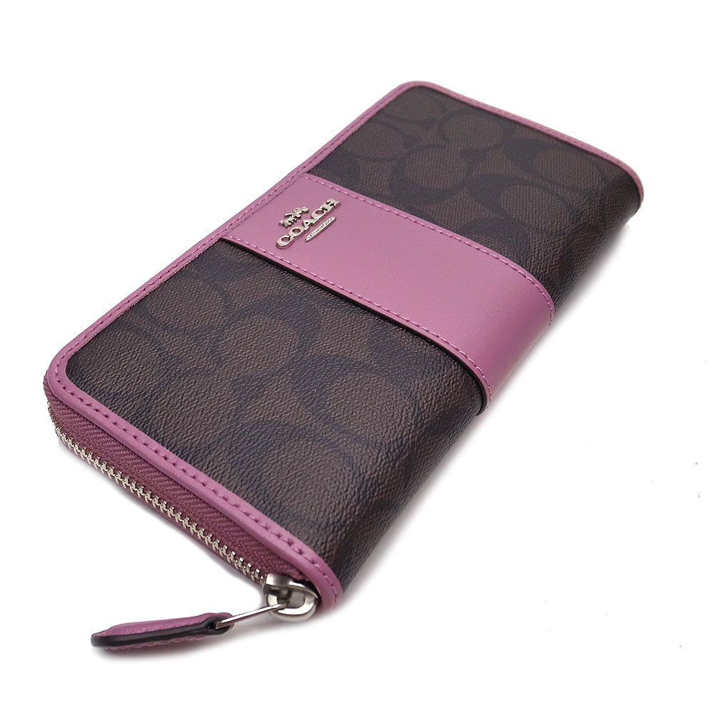 Coach Accordion Zip Wallet In Signature Coated Canvas With Leather Stripe Brown / Azalea Purple # F54630