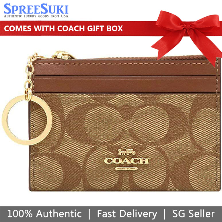 Coach Key Card Case In Gift Box Mini Skinny Id Case In Signature Canvas Khaki Saddle Brown # F88208