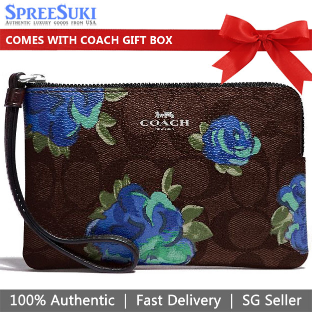 Coach Corner Zip Wristlet In Signature Canvas With Jumbo Floral Print Brown Black Blue Green # F39150