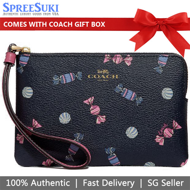 Coach Corner Zip Wristlet With Scattered Candy Print Navy / Pink Ruby # F73452