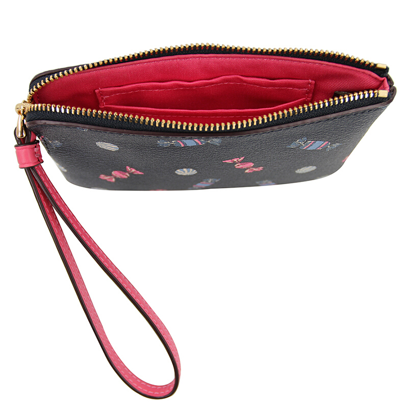 Coach Corner Zip Wristlet With Scattered Candy Print Navy / Pink Ruby # F73452