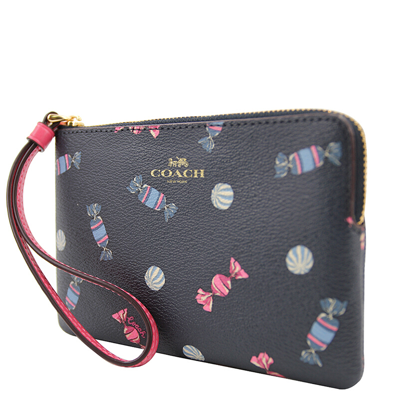 Coach Corner Zip Wristlet With Scattered Candy Print Navy / Pink Ruby # F73452