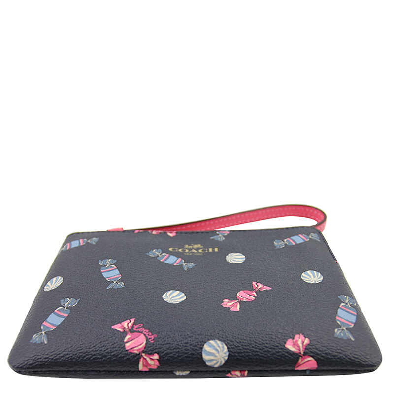 Coach Corner Zip Wristlet With Scattered Candy Print Navy / Pink Ruby # F73452