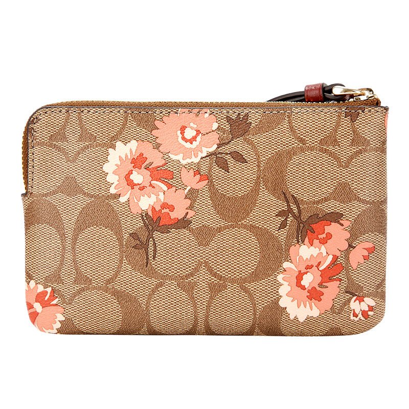 Coach Wristlet In Gift Box Small Wristlet In Signature Canvas With Prairie Daisy Print Small Wristlet Khaki / Coral # F78045