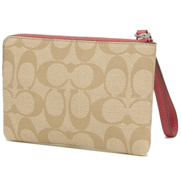 Coach Corner Zip Wristlet In Signature Canvas With Horse And Carriage Hearts Motif Light Khaki Poppy # 91075
