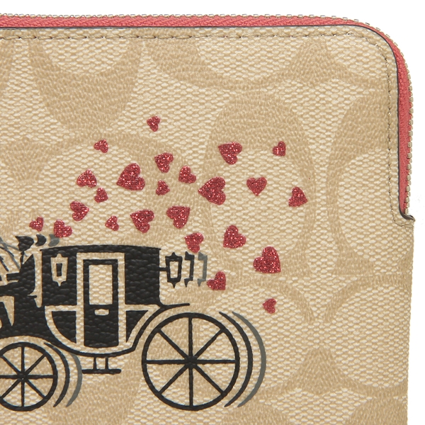 Coach Corner Zip Wristlet In Signature Canvas With Horse And Carriage Hearts Motif Light Khaki Poppy # 91075