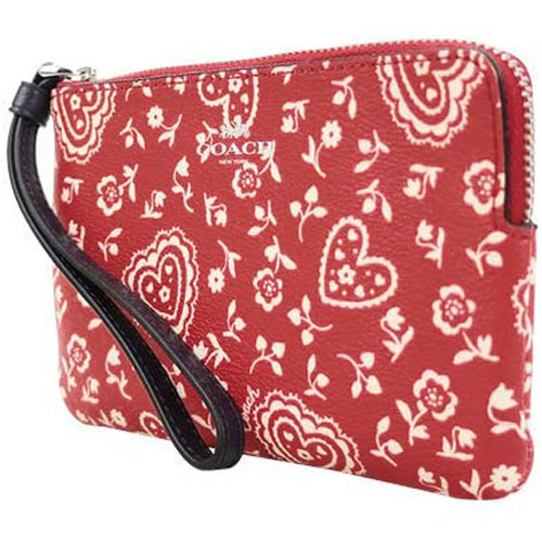 Coach Corner Zip Wristlet With Lace Heart Print Red # F67514