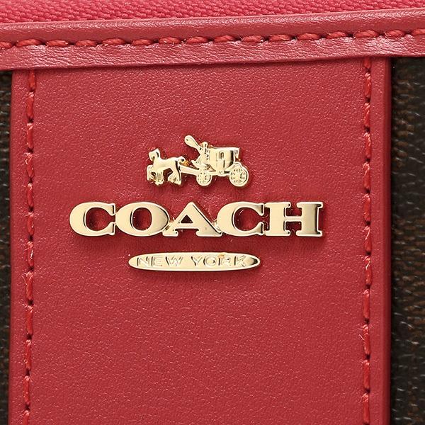 Coach Accordion Zip Wallet In Signature Coated Canvas With Leather Stripe Brown / True Red # F54630