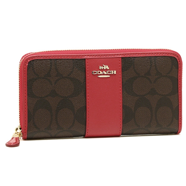 Coach Accordion Zip Wallet In Signature Coated Canvas With Leather Stripe Brown / True Red # F54630