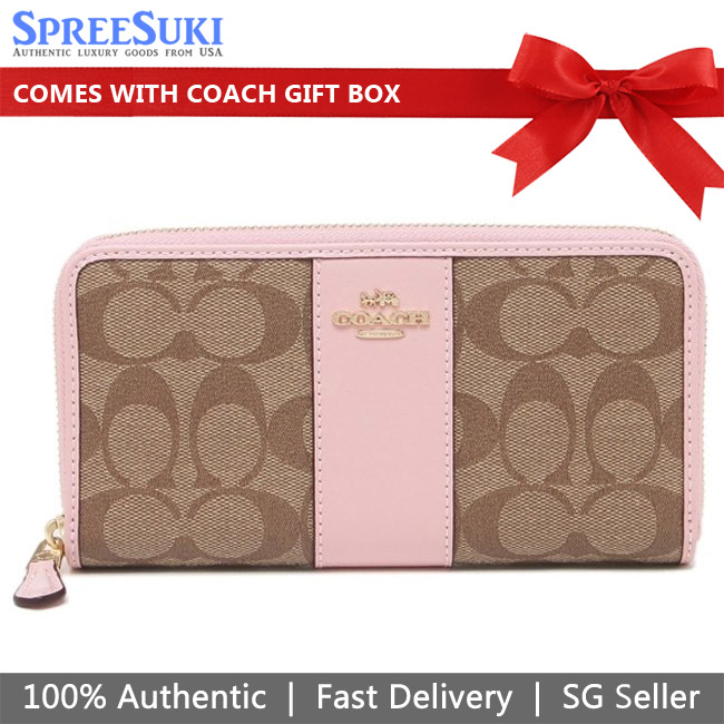 Coach Accordion Zip Wallet In Signature Canvas Khaki Blossom Pink # 54630