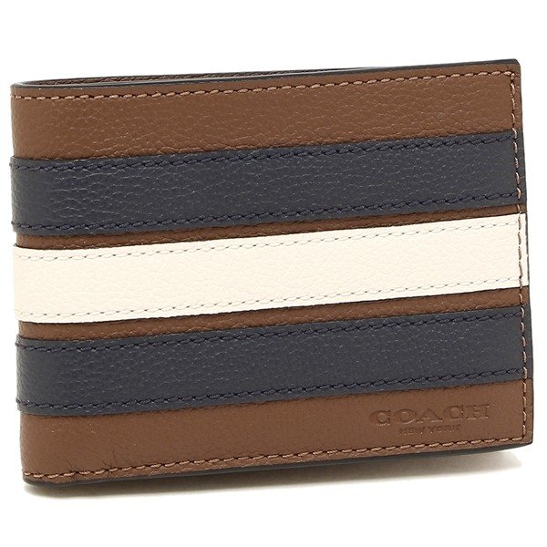 Coach Men Slim Billfold Wallet With Varsity Stripe Saddle Brown / Midnight Dark Blue / Chalk # F26171