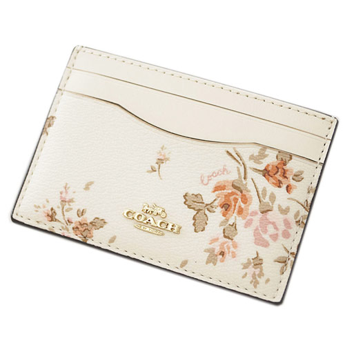 Coach Flat Card Case With Rose Bouquet Print Chalk Off White # 91789