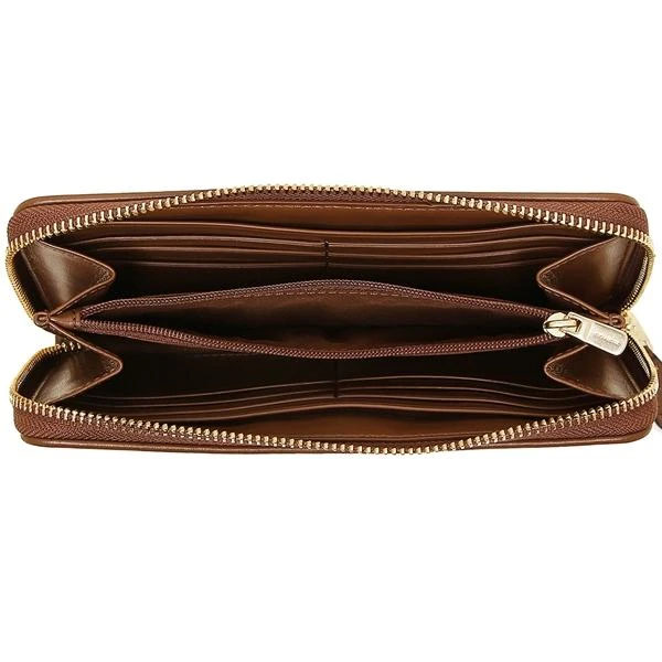 Coach Wallet In Gift Box Accordion Zip Wallet In Signature Coated Canvas With Leather Stripe Khaki / Saddle Brown # F54630