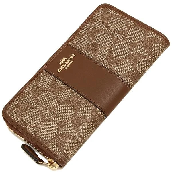 Coach Wallet In Gift Box Accordion Zip Wallet In Signature Coated Canvas With Leather Stripe Khaki / Saddle Brown # F54630