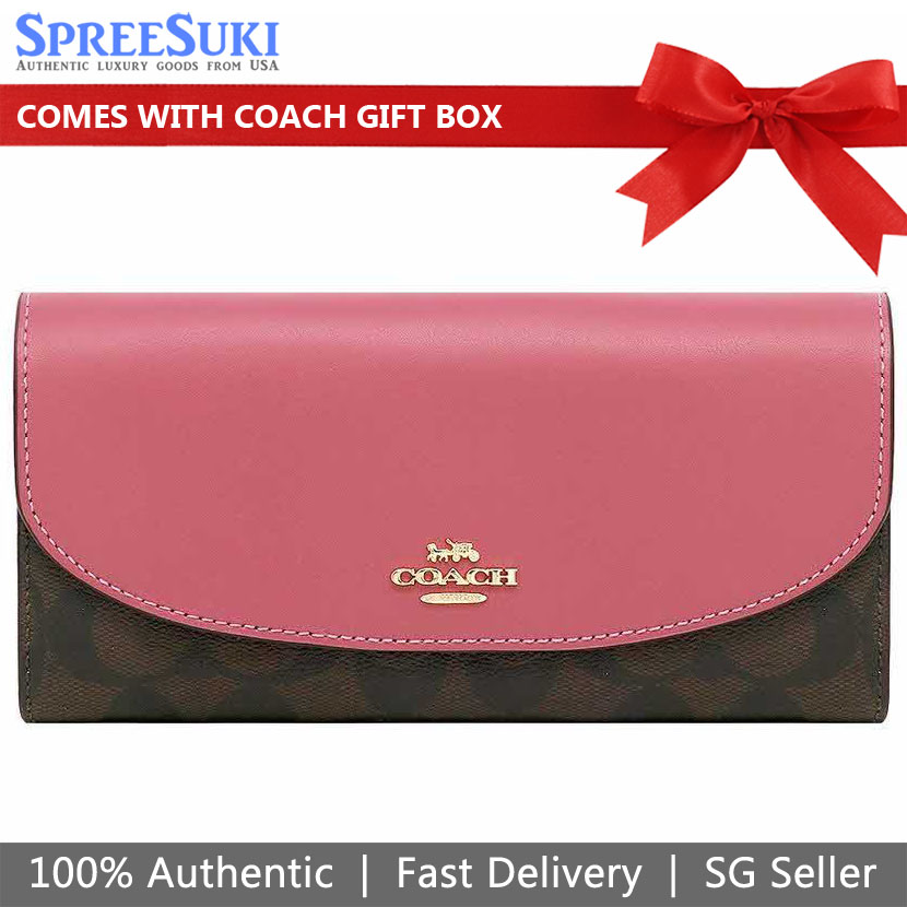 Coach Slim Envelope Wallet In Signature Canvas Brown Strawberry Pink # F54022