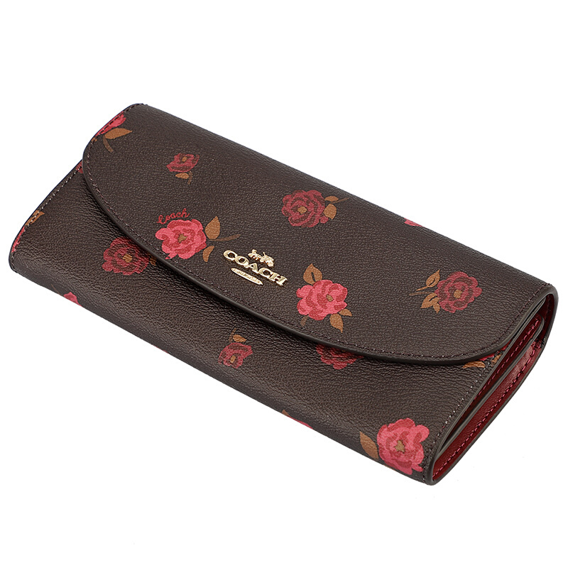 Coach Slim Envelope Wallet With Tossed Peony Print Oxblood Brown # F67529