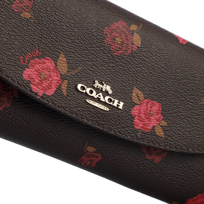 Coach Slim Envelope Wallet With Tossed Peony Print Oxblood Brown # F67529