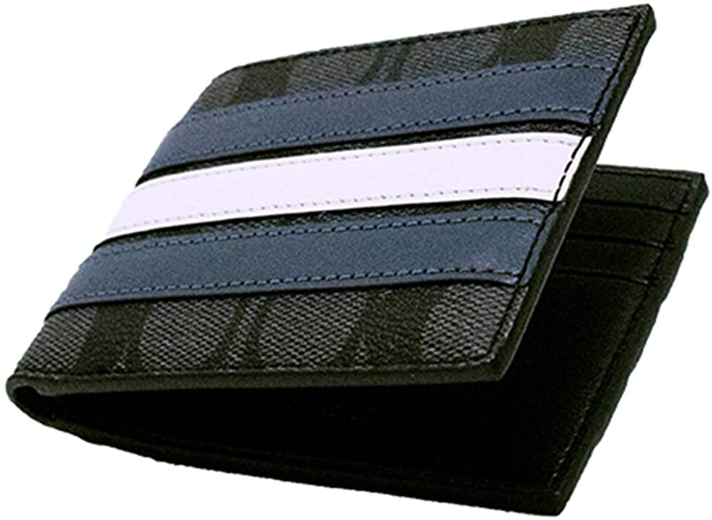 Coach Slim Billfold Wallet With Varsity Stripe Black / Midnight Navy Dark Blue / Chalk Off White # F26173