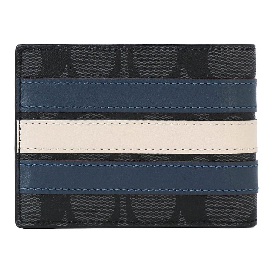 Coach Slim Billfold Wallet With Varsity Stripe Black / Midnight Navy Dark Blue / Chalk Off White # F26173