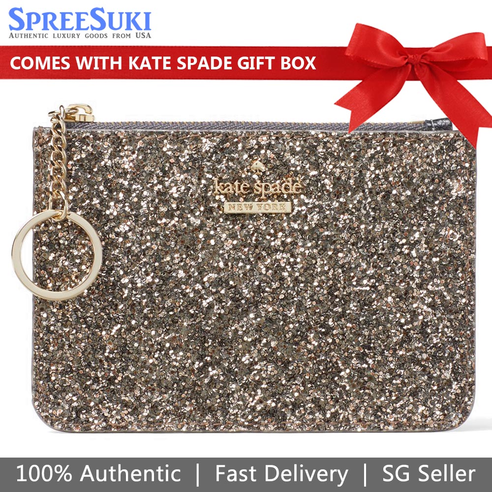 Kate Spade Card Key Case In Gift Box Laurel Way Glitter Bitsy Gunmetal Silver # WLRU5177