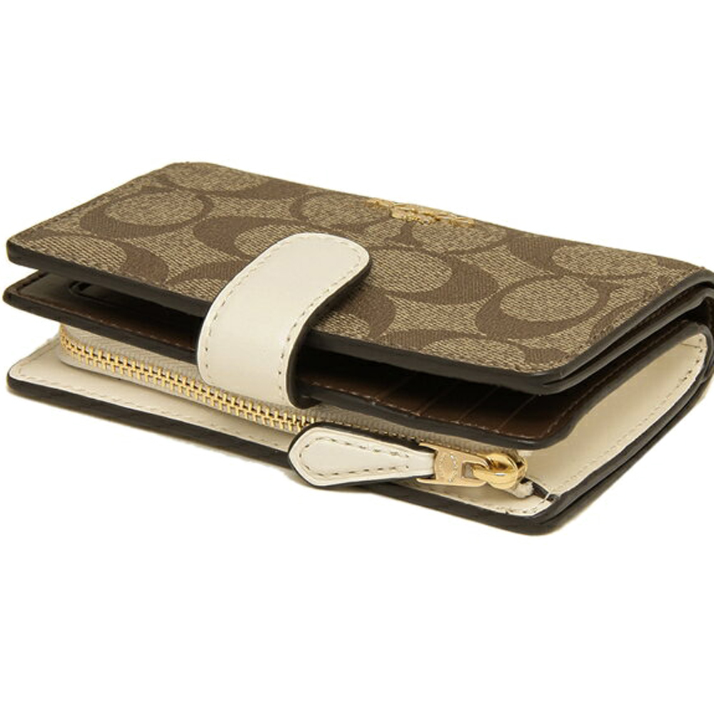 Coach Medium Corner Zip Wallet In Signature Canvas Khaki / Chalk Off White # F23553