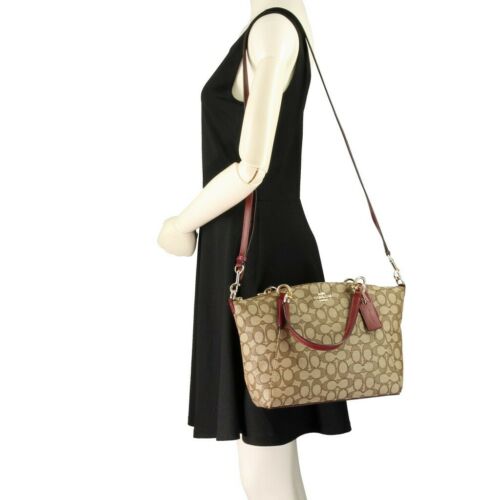 Coach Small Kelsey Satchel In Signature Jacquard Khaki / Cherry Red # F27582