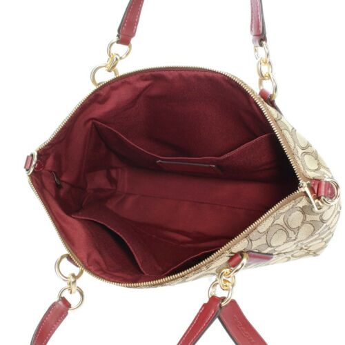 Coach Small Kelsey Satchel In Signature Jacquard Khaki / Cherry Red # F27582