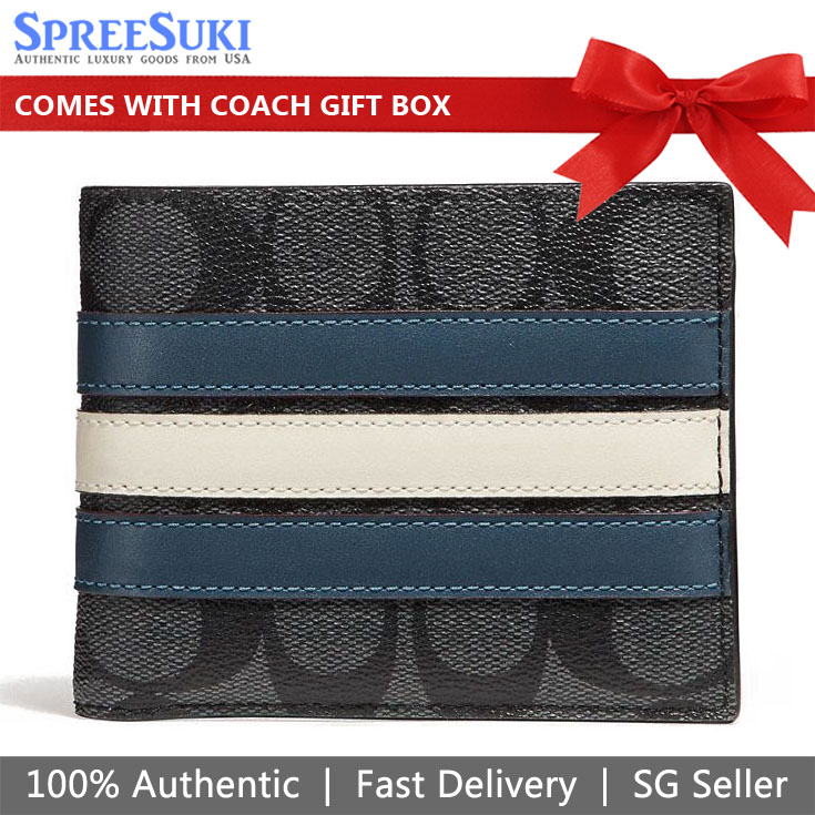 Coach Men Compact Id 3-In-1 Wallet In Signature Canvas With Varsity Stripe Pre-Order Ship By 30 Feb 2021 Charcoal Midnight Navy Denim Chalk Off White # F26072
