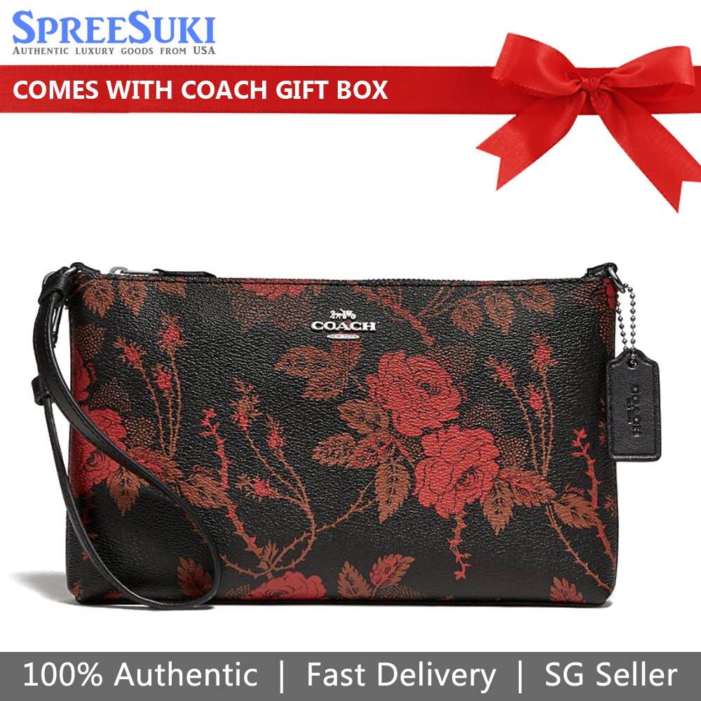 Coach Large Wristlet 25 With Thorn Roses Print Black Red # F78035