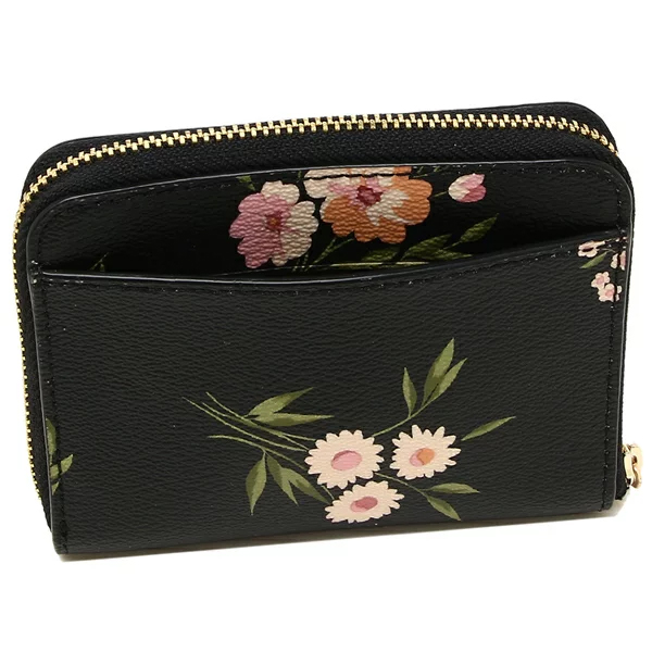 Coach Small Zip Around Wallet With Tossed Daisy Print Black Pink # F73017