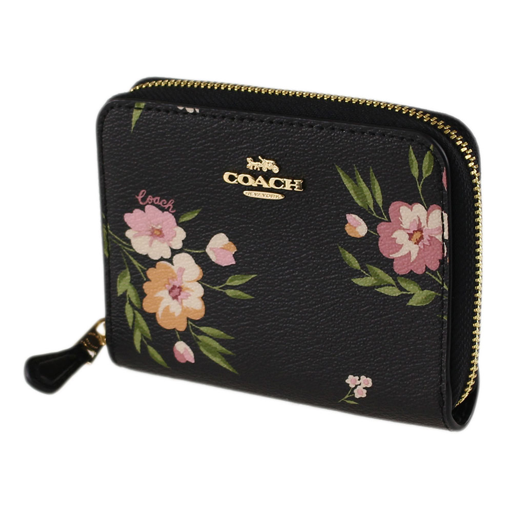 Coach Small Zip Around Wallet With Tossed Daisy Print Black Pink # F73017