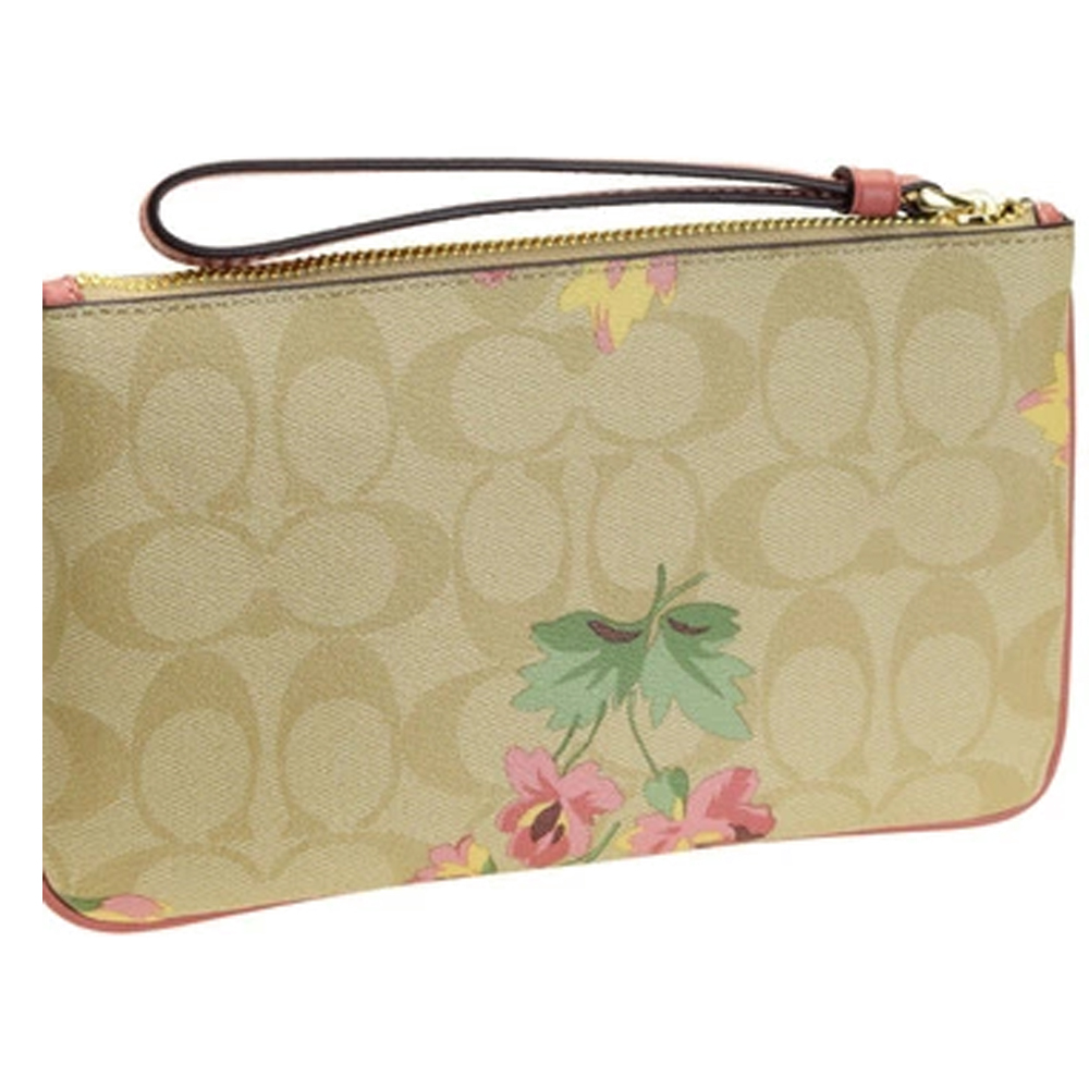 Coach Large Wristlet In Signature Canvas With Lily Print Light Khaki Pink # F73368