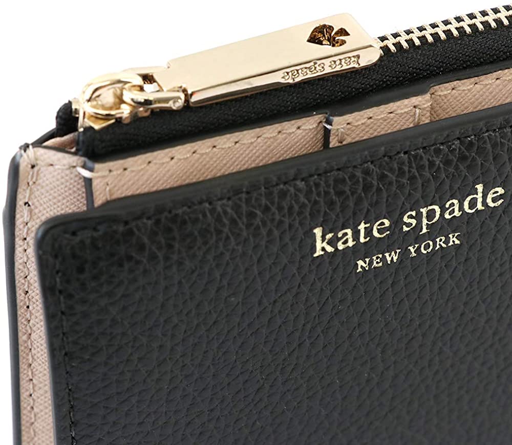 Kate Spade Small Wallet Eva Small L-Zip Bifold Wallet Black / Warm Beige # WLRU6253