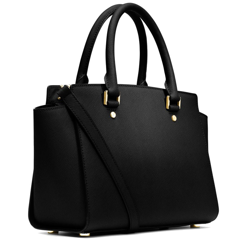 Michael Kors Crossbody Bag With Gift Bag Selma Medium Top Zip Saffiano Leather Satchel (With Studs) Black # 30S3GLMS2L