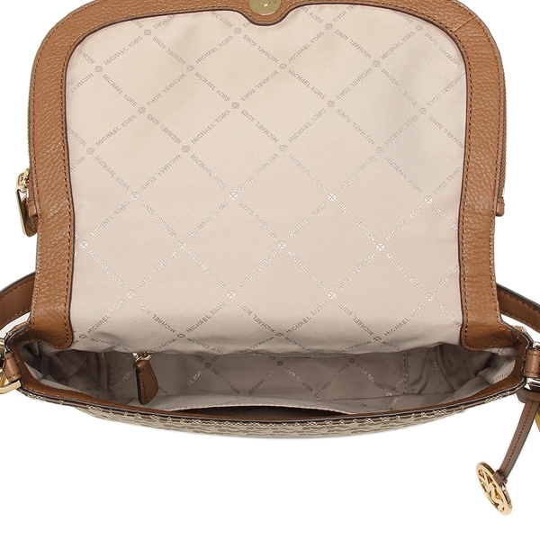 Michael Kors Crossbody Bedford Medium Convertible Flap Shoulder Bag Beige / Ebony / Luggage Brown # 35T9GBFL2J