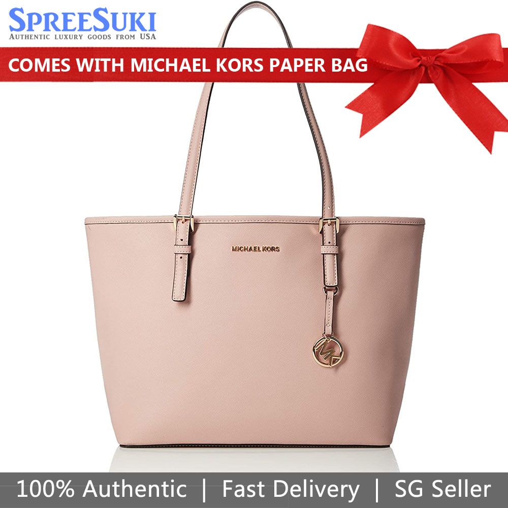 Michael Kors Tote With Gift Bag Jet Set Travel Medium Leather Carryall Tote Shoulder Bag Pastel Pink # 35H7GTVT2L