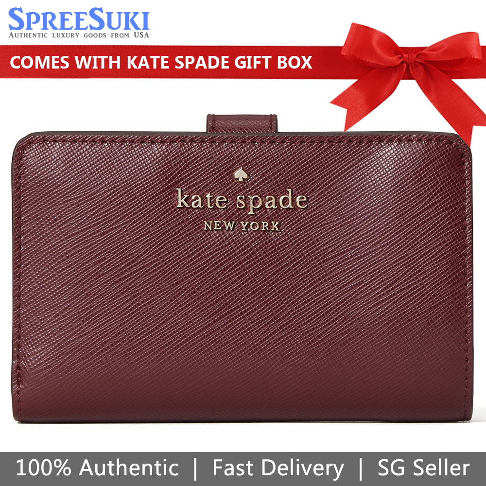 Kate Spade Medium Wallet Staci Medium Compact Bifold Wallet Cherrywood Dark Red # WLR00128