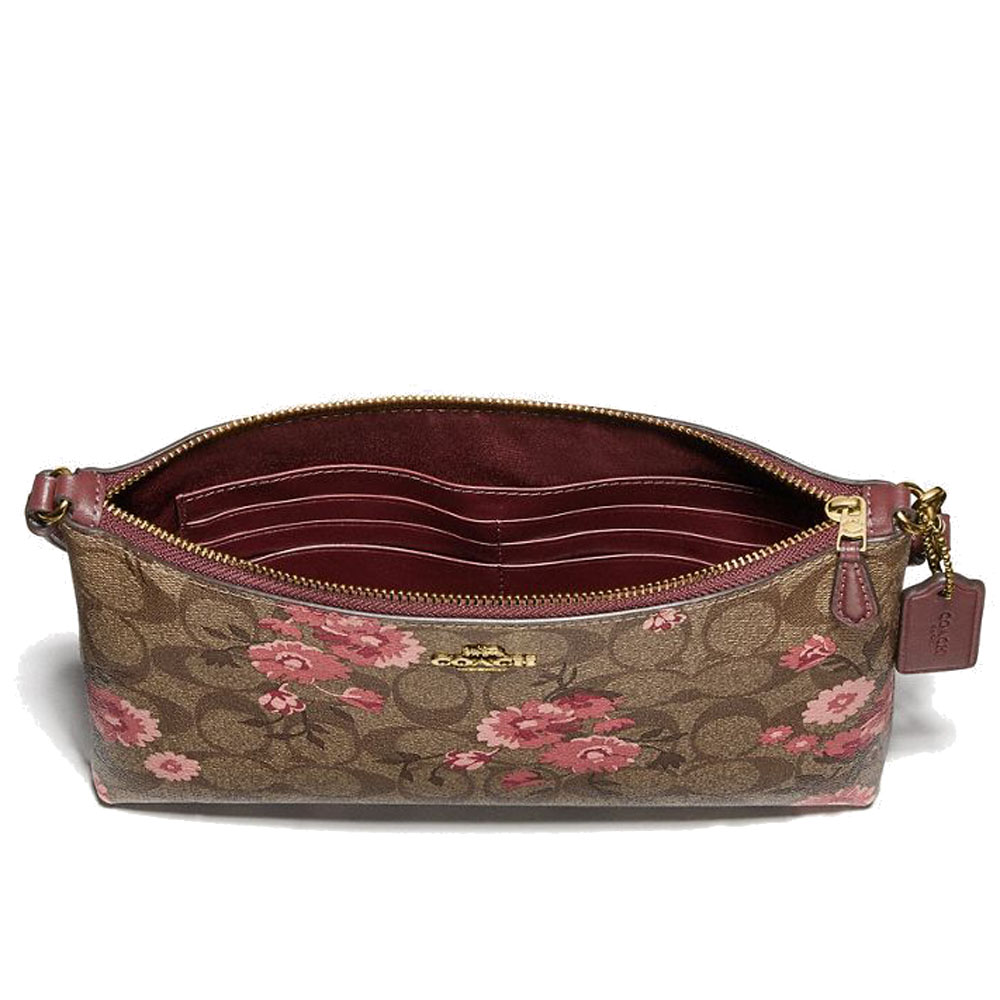 Coach Large Wristlet 25 In Signature Canvas With Prairie Daisy Cluster Print Khaki Coral Red / Pink # F78846