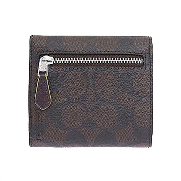 Coach Small Wallet In Signature Canvas Brown / Neon Yellow / Silver # F39192