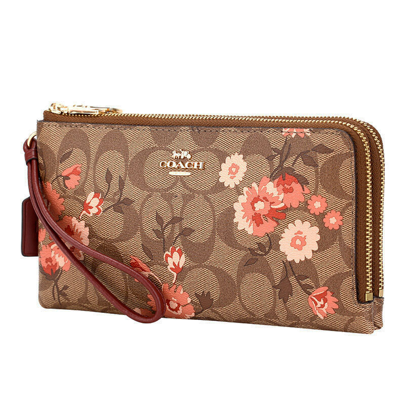 Coach Double Zip Wallet In Signature Canvas With Prairie Daisy Cluster Print Khaki Coral # F78020