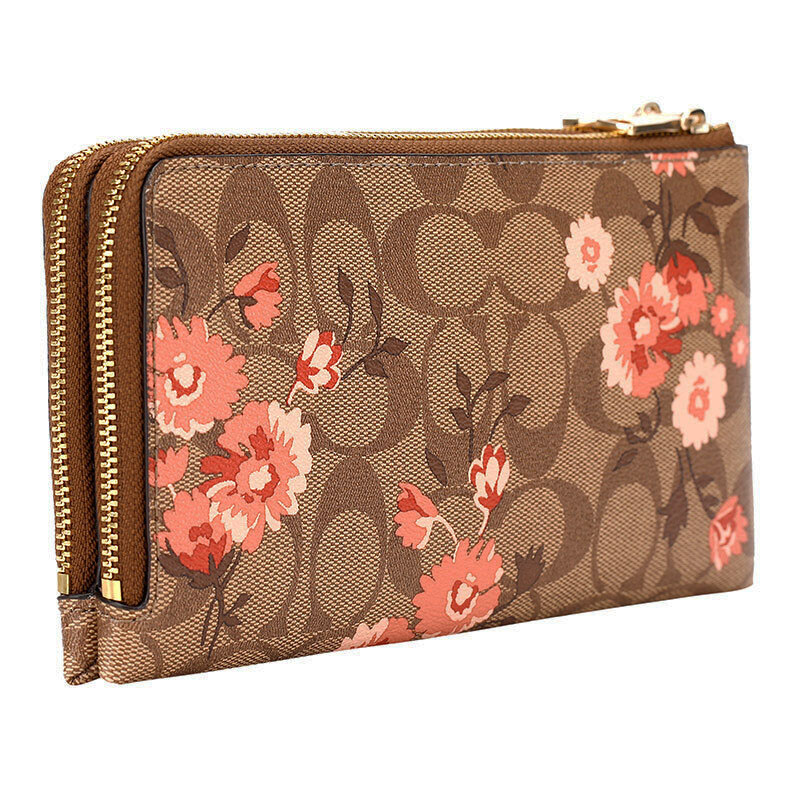 Coach Double Zip Wallet In Signature Canvas With Prairie Daisy Cluster Print Khaki Coral # F78020