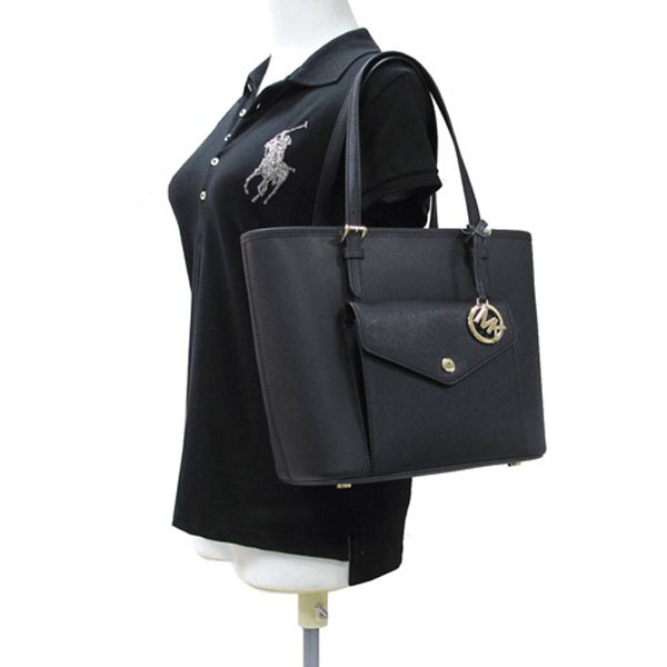 Michael Kors Tote Shoulder Bag Medium Snap Pocket Tote Black # 38H8GTTT6L