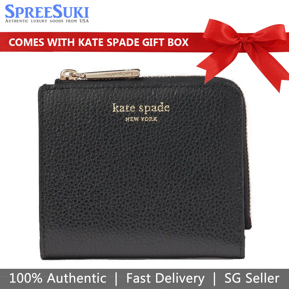 Kate Spade Small Wallet Eva Small L-Zip Bifold Wallet Black / Warm Beige # WLRU6253
